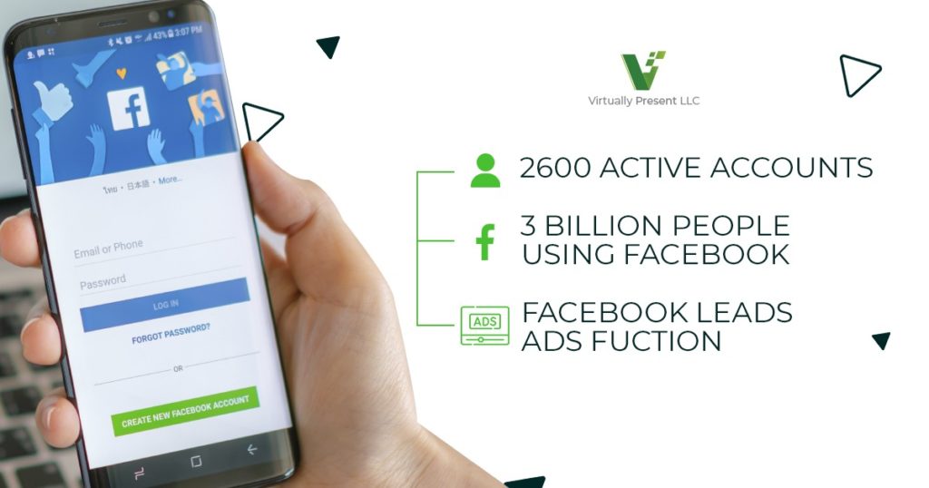 smartphone, hands, facebook, social media, virtually present logo, text