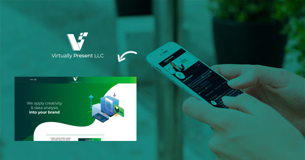 blue background, hands, smartphone, website screen